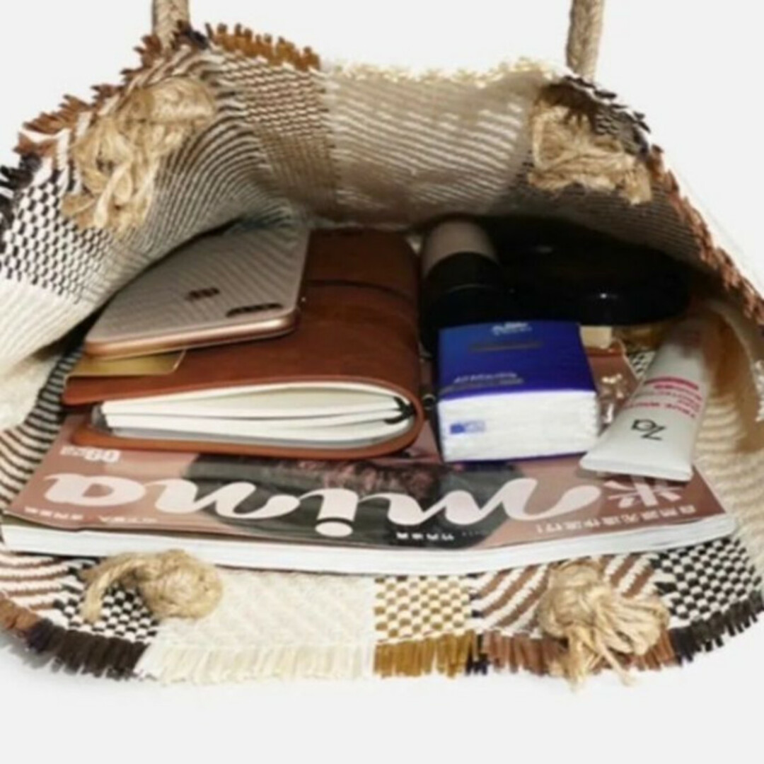 麻縄 ストライプ トート バック ピクニック カゴバッグ ベージュ 新品未使用 レディースのバッグ(かごバッグ/ストローバッグ)の商品写真