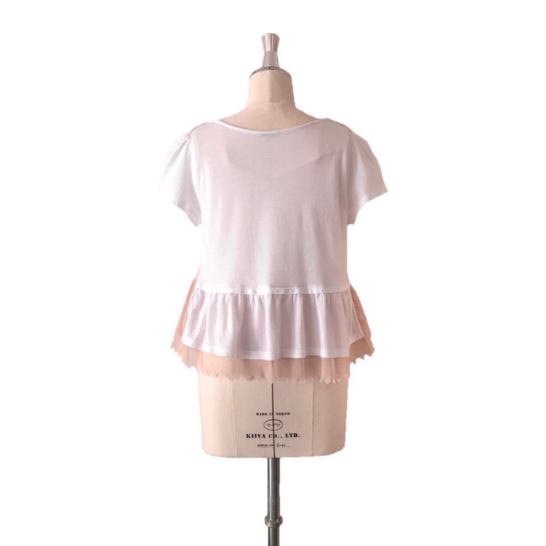 miumiu(ミュウミュウ)のミュウミュウ/メッシュペプラムカットソー ブラウス tシャツ フリル 白 ピンク レディースのトップス(カットソー(半袖/袖なし))の商品写真