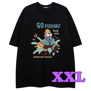 XXL メンズ オーバーサイズ Tシャツ フィッシング カジュアル 黒(Tシャツ/カットソー(半袖/袖なし))