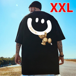 XXL メンズ オーバーサイズ Tシャツ スマイル ベアー ストリート 黒(Tシャツ/カットソー(半袖/袖なし))
