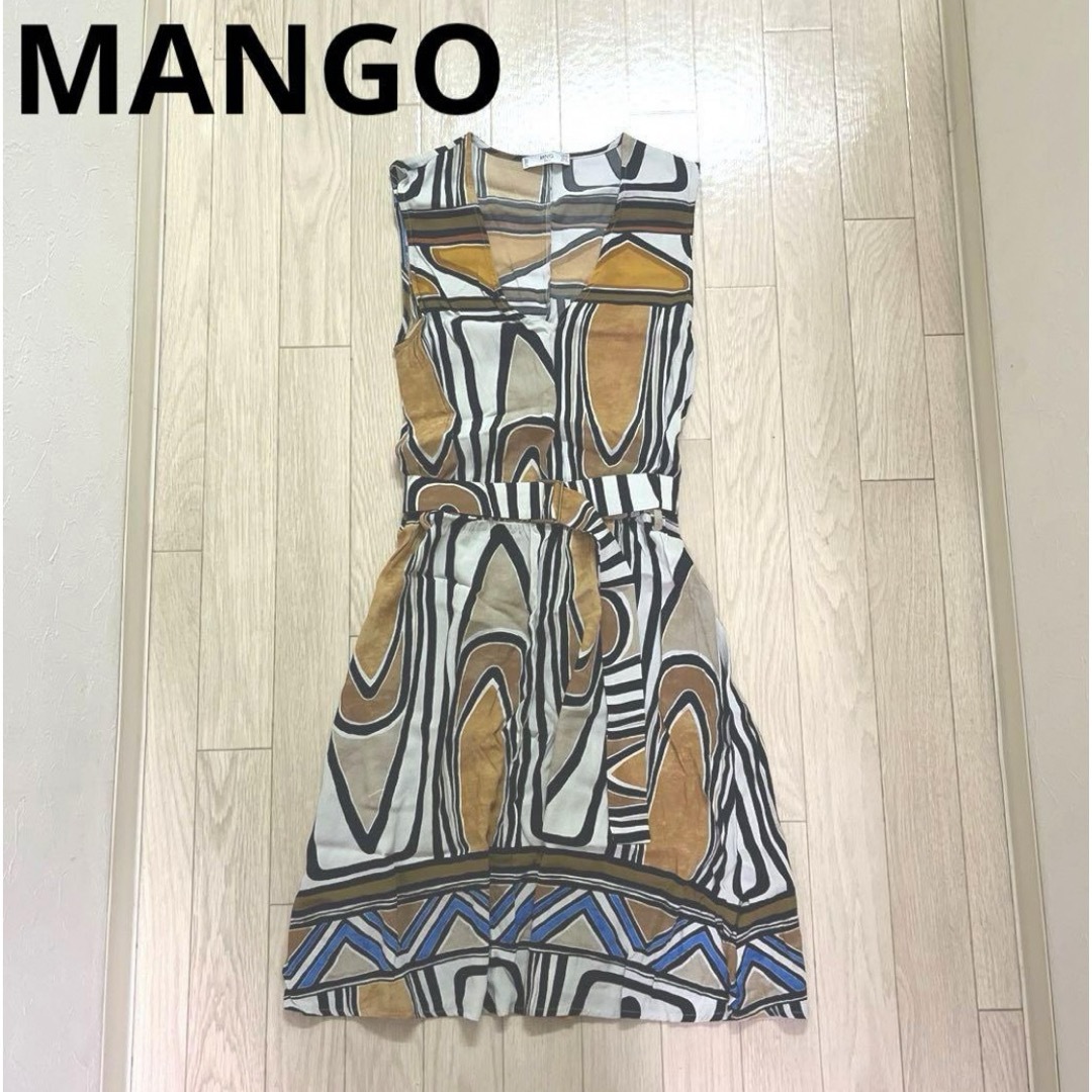 MANGO(マンゴ)のMANGO 柄ワンピース ノースリワンピ Vネック S レディースのワンピース(ひざ丈ワンピース)の商品写真