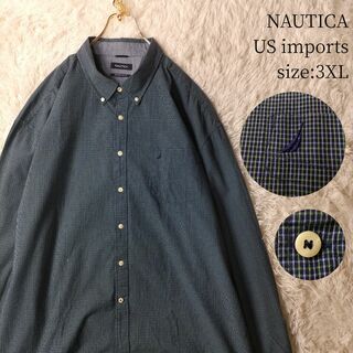 NAUTICA - 【訳あり】US輸入古着 ノーティカ 長袖BDシャツ ネイビー×グリーン 3XL