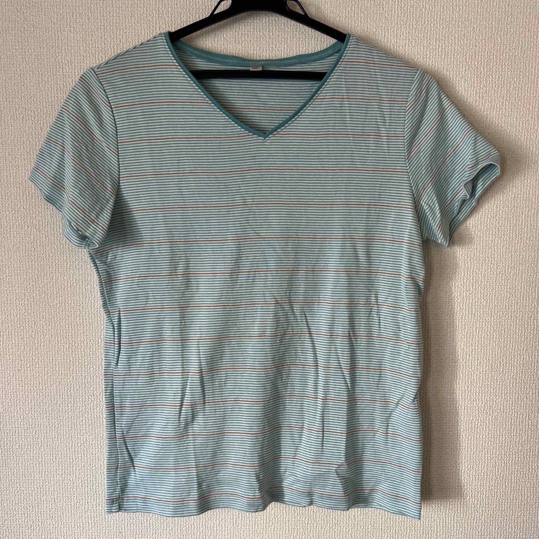UNIQLO(ユニクロ)の新品未使用●ユニクロ ボーダーVネックTシャツ グリーン XL レディースのトップス(Tシャツ(半袖/袖なし))の商品写真