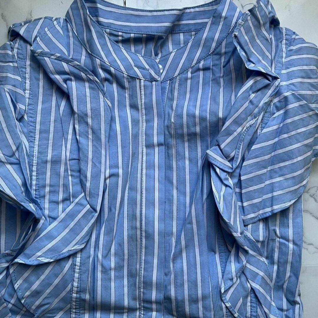 ◎フリル かわいい ブラウス 青 ブルー フリーサイズ トップス 着痩 韓国 服 レディースのトップス(カットソー(長袖/七分))の商品写真