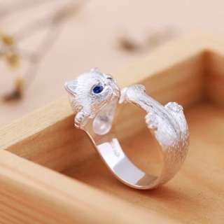 【レア】　学生　キャット　デザイン　指輪　銀　韓国　子猫　動物　しっぽ　OL　白(リング(指輪))