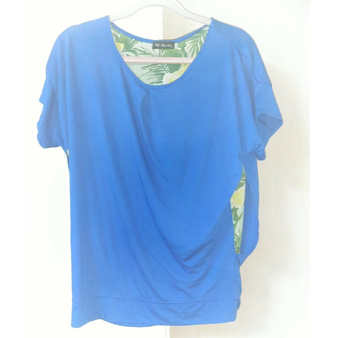 匿名配送　　花柄裏地　半袖デザインカットソー　L　ブルー レディースのトップス(カットソー(半袖/袖なし))の商品写真