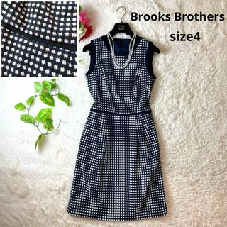 ブルックスブラザース(Brooks Brothers)の定価6万円★ブルックスブラザーズ　ワンピース　4 M 総柄　ネイビー　紺　白　夏(ひざ丈ワンピース)