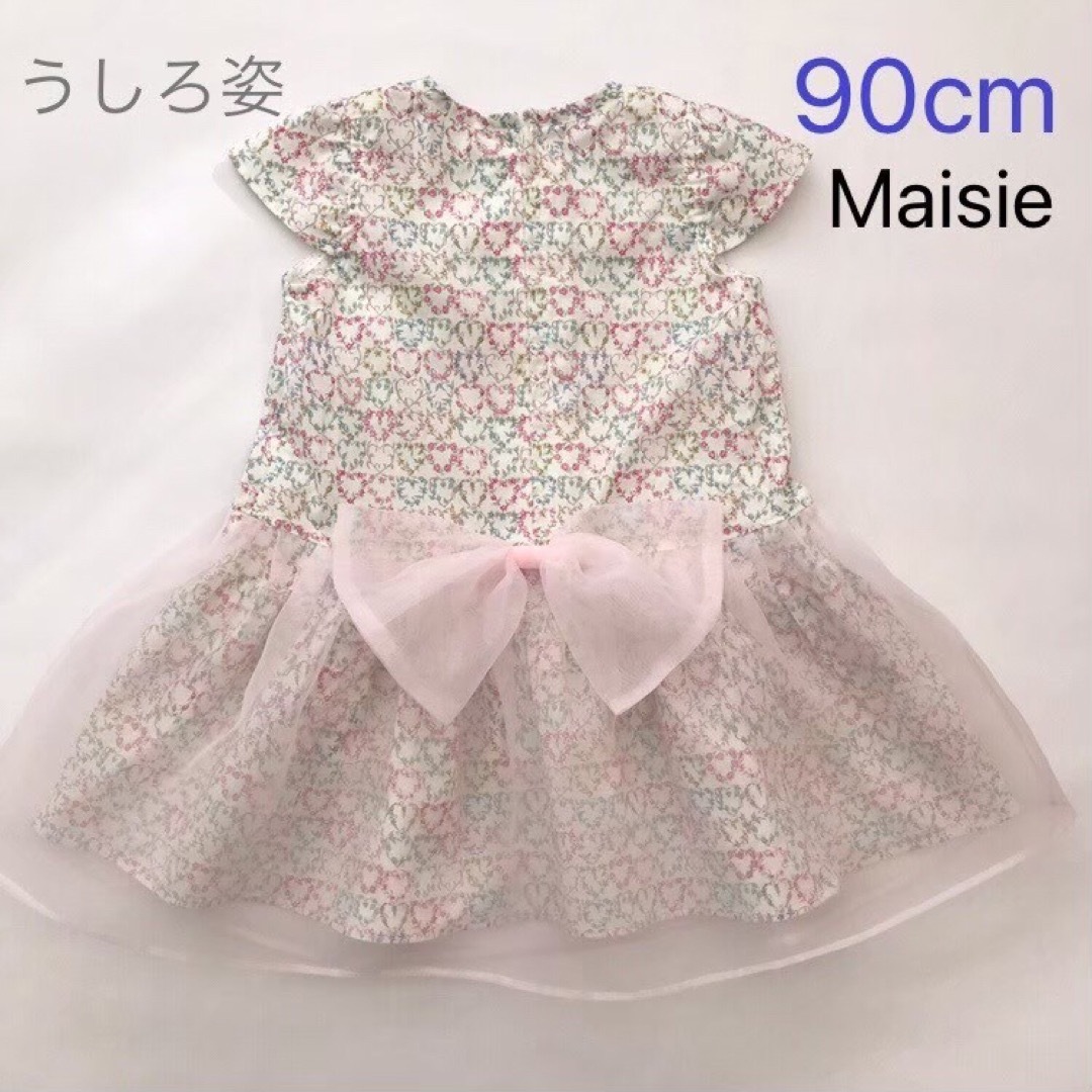 新品　ハンドメイド　ワンピース　90cm  花柄　ハート　リボン　リバティプリン キッズ/ベビー/マタニティのキッズ服女の子用(90cm~)(ワンピース)の商品写真