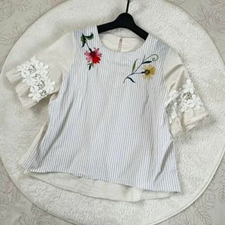 花の刺繍とレース スモッグブラウス コットンブラウス(シャツ/ブラウス(長袖/七分))