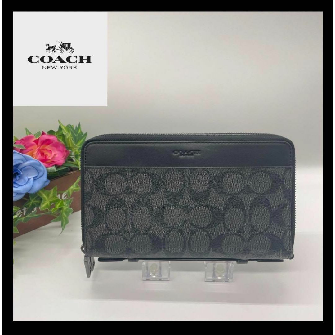 新品】コーチCOACH 長財布 オーガナイザー シグネチャー グレー系 新品】コーチCOACH 長財布 オーガナイザー シグネチャー グレー系