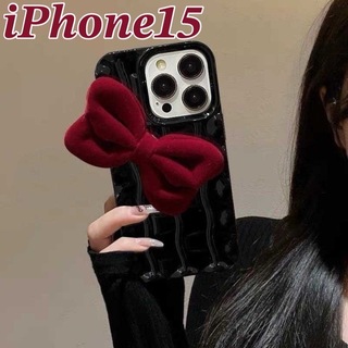 【お洒落】新型 iPhoneケース 黒 赤いリボン ベロア インスタ映え 可愛い(iPhoneケース)