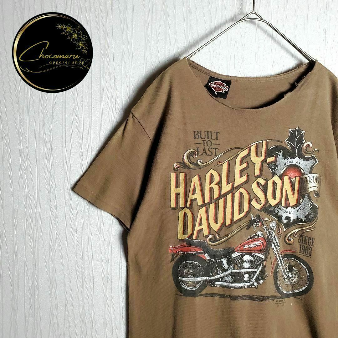 Harley Davidson(ハーレーダビッドソン)のハーレーダビッドソン Tシャツ ブラウン バイク カットオフ ビンテージ 古着 メンズのトップス(Tシャツ/カットソー(半袖/袖なし))の商品写真