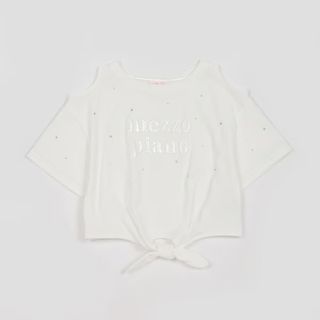 メゾピアノ(mezzo piano)のメゾピアノ新品新作タグ付きエンボス箔ロゴ　ラインストーン肩開きTシャツ140(Tシャツ/カットソー)