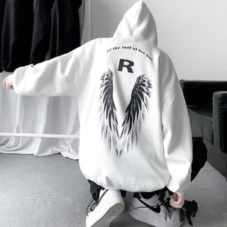 ♢数量限定♢　メンズ　ルーズ　スウェット　白　モノトーン 天使の羽 フード付き(スウェット)
