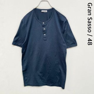 グランサッソ(GRAN SASSO)のGran Sasso　イタリア製　ヘンリーネック　半袖カットソー　48サイズ　紺(Tシャツ/カットソー(半袖/袖なし))