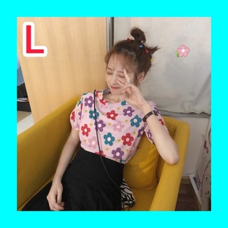 Tシャツ レディース L 半袖 花柄 ピンク 可愛い(Tシャツ(半袖/袖なし))