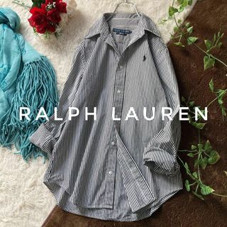 ラルフローレン(Ralph Lauren)のラルフローレン　ピュアコットン　長袖ストライプシャツ　黒白　ポニー刺繍　L　美品(シャツ/ブラウス(長袖/七分))