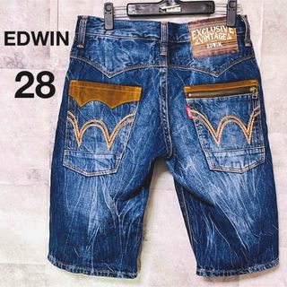 エドウィン(EDWIN)の【美品】EDWIN デニムハーフパンツ　28インチ　インディゴブルー　刺繍(デニム/ジーンズ)