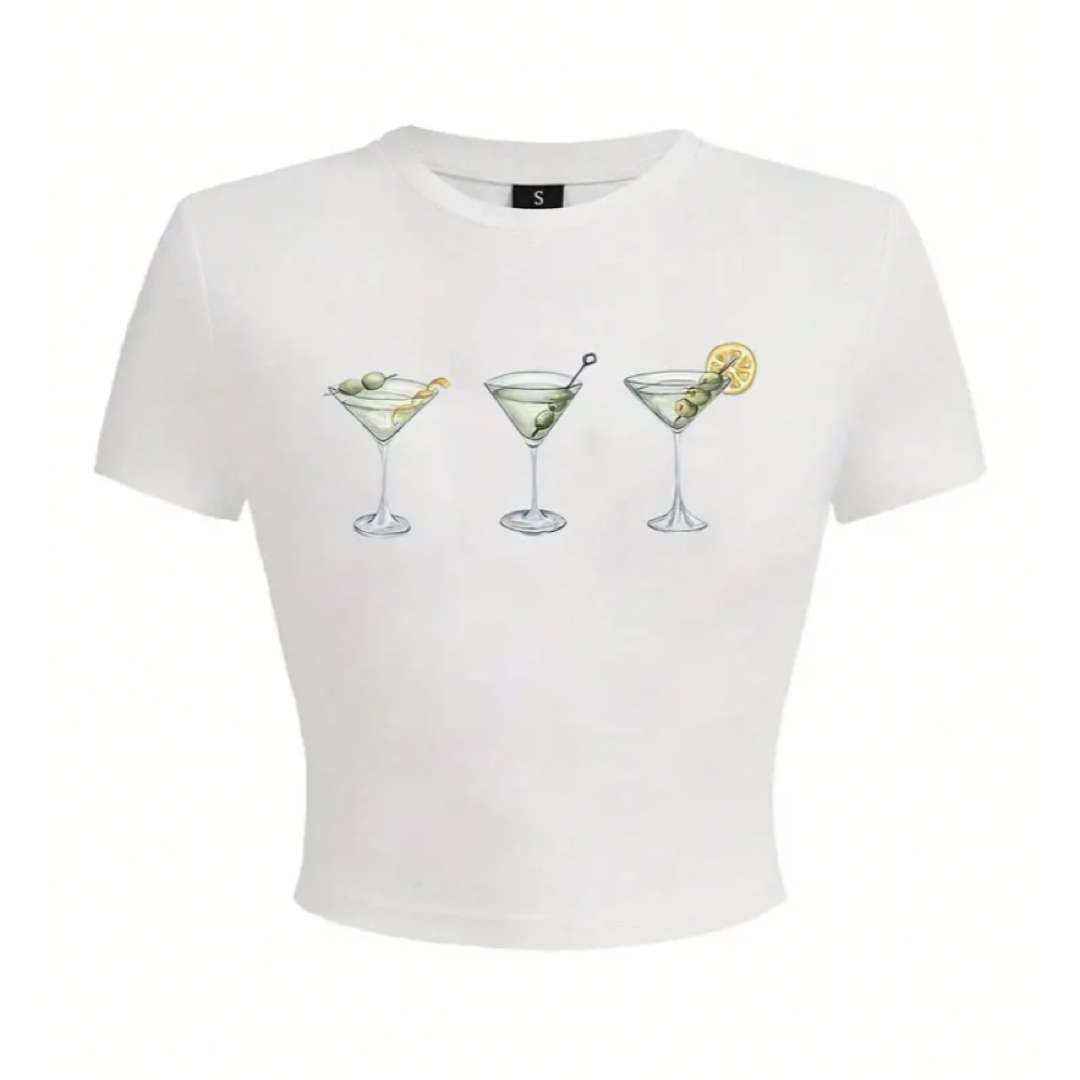 カクテル　プリントクルーネックTシャツ　半袖　スリム　クロップカジュアルトップス レディースのトップス(Tシャツ(半袖/袖なし))の商品写真