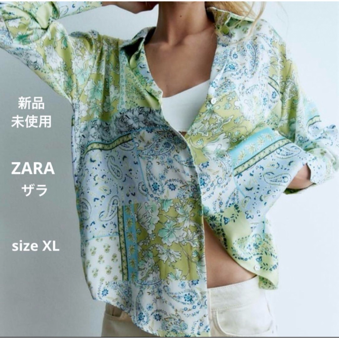 ZARA(ザラ)の新品未使用 ZARAザラ スカーフ柄ペイズリー柄とろみシャツブラウスグリーン系 レディースのトップス(シャツ/ブラウス(長袖/七分))の商品写真
