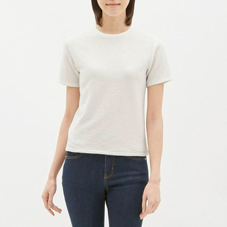 ジーユー(GU)のジーユー　GU ジャガードクルーネックTシャツ　トップス　ホワイト　白　M(Tシャツ(半袖/袖なし))