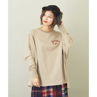 CUBE SUGAR - CUBE SUGAR 天竺カットソー長袖クルーネックロングTシャツ　ベージュ