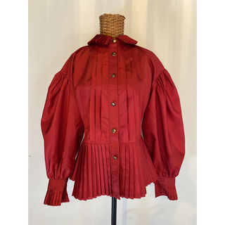 VINTAGE - Ruffled Collar Pleats Design Red Blouse