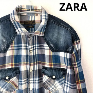 ZARA - ZARA チェックシャツ　長袖　ダメージ加工　Sサイズ　ザラ　メンズ