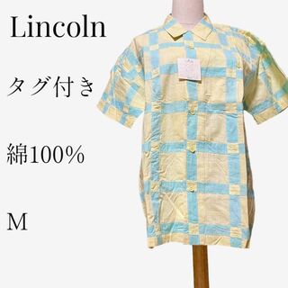 【タグ付き◎】Lincoln ブロックチェック柄シャツ M 綿100% イエロー(シャツ)