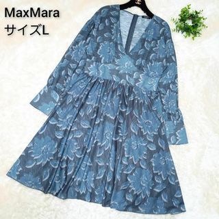 マックスマーラ(Max Mara)の【美品】MAX&Co.　サイズL　花柄ワンピース　長袖　Aライン　グレー×ブルー(ひざ丈ワンピース)