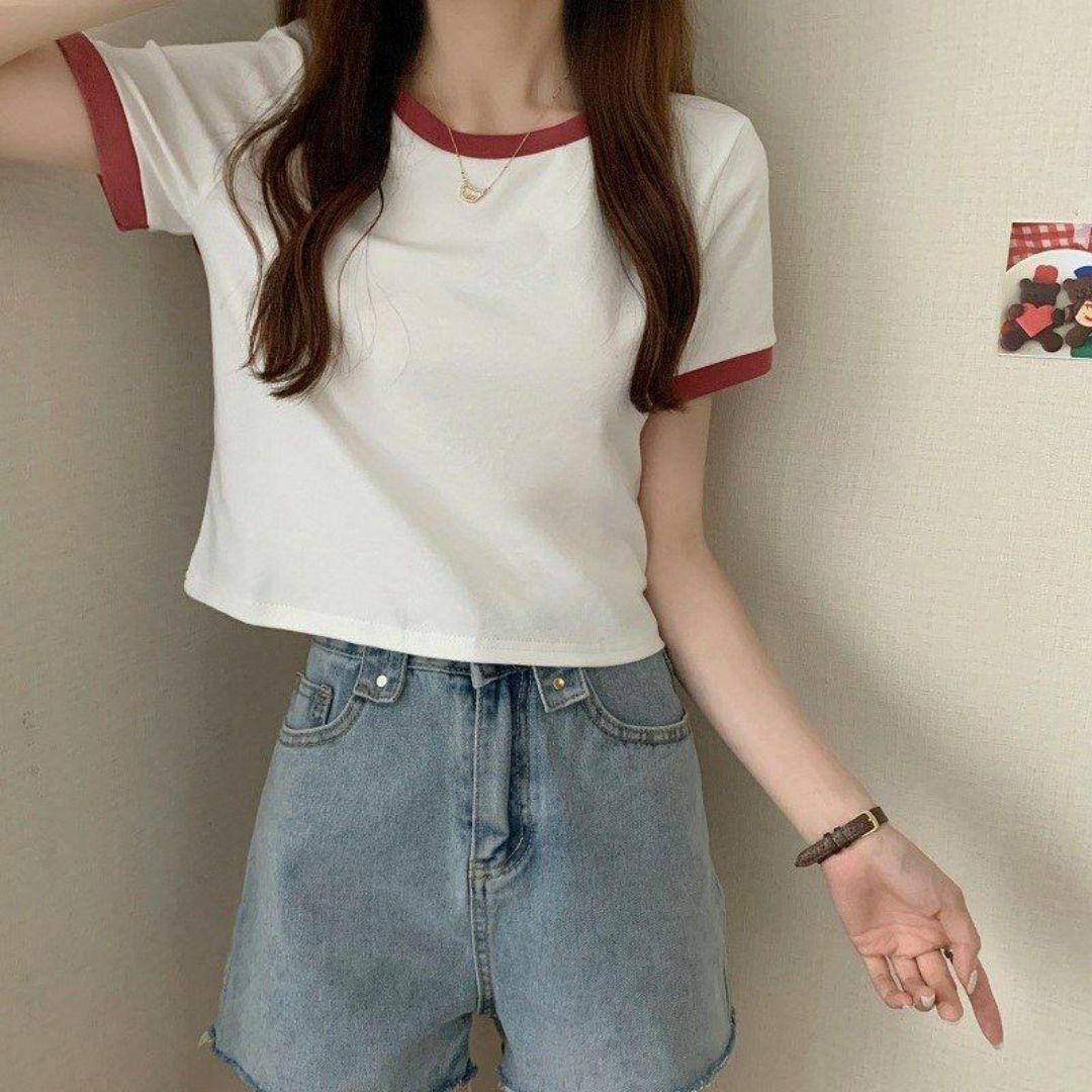 バイカラー リンガーシャツ M Tシャツ 韓国 オルチャン ホワイト×レッド レディースのトップス(Tシャツ(半袖/袖なし))の商品写真