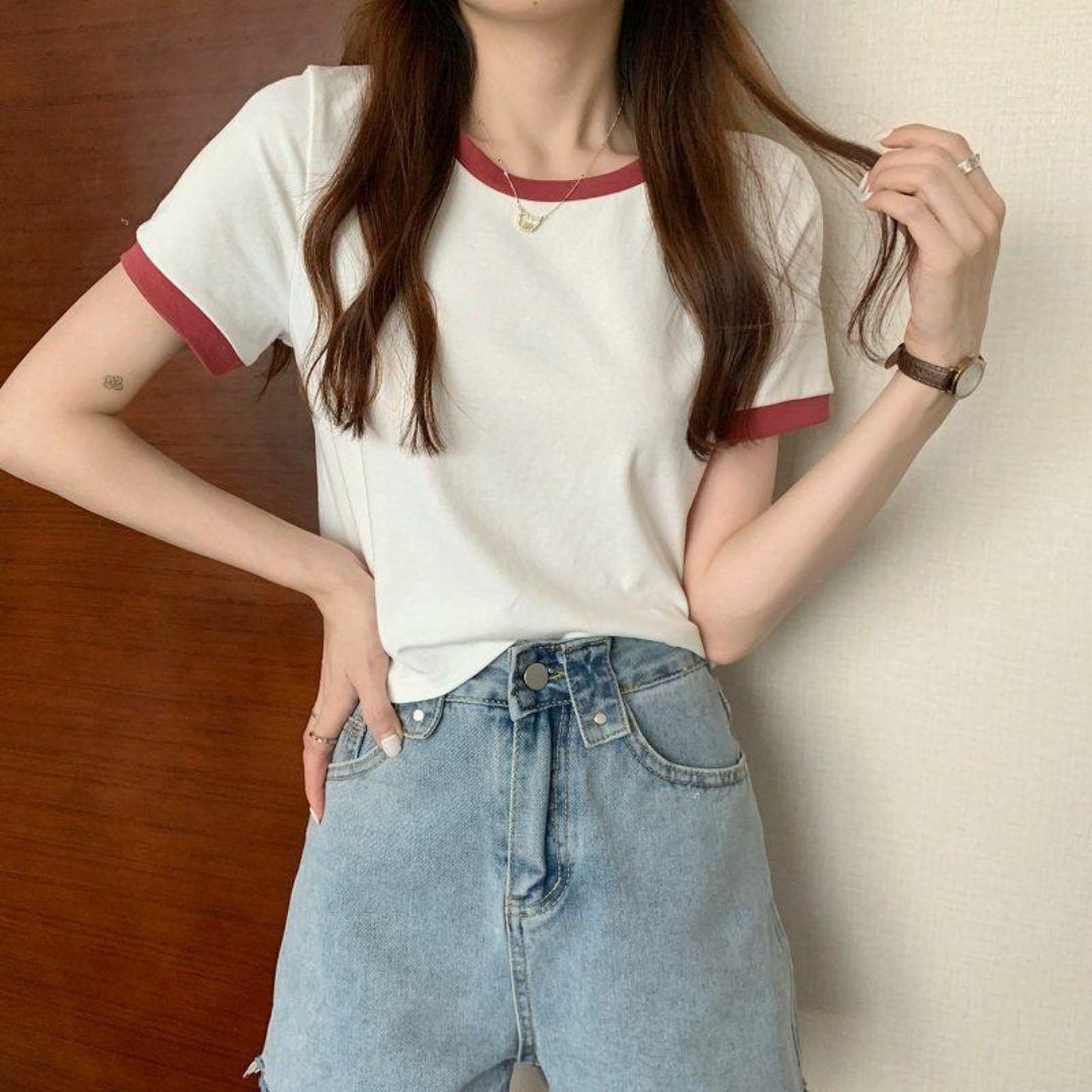 バイカラー リンガーシャツ M Tシャツ 韓国 オルチャン ホワイト×レッド レディースのトップス(Tシャツ(半袖/袖なし))の商品写真