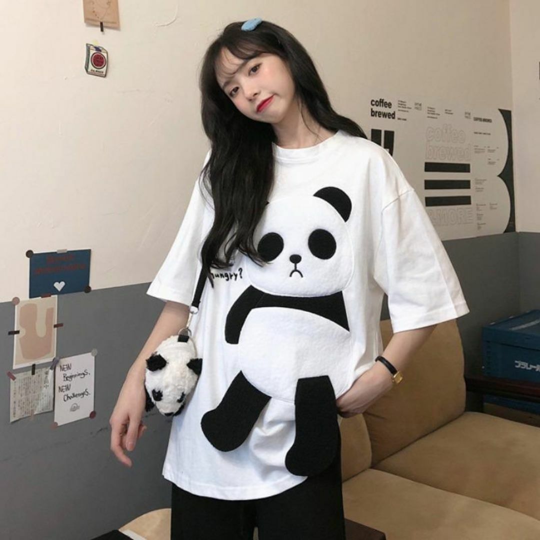 パンダ Tシャツ XL 夢カワ 病みカワ ゆるダボ 韓国 オルチャン ホワイト レディースのトップス(Tシャツ(半袖/袖なし))の商品写真