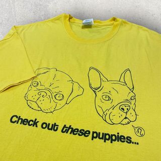 US古着 GILDAN 犬 パグ フレンチブルドッグ Tシャツ XL イエロー(Tシャツ/カットソー(半袖/袖なし))