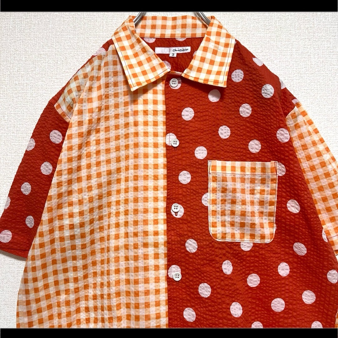 Charee Braver 柄シャツ 半袖 ドット&チェック柄 オレンジ系 メンズのトップス(シャツ)の商品写真