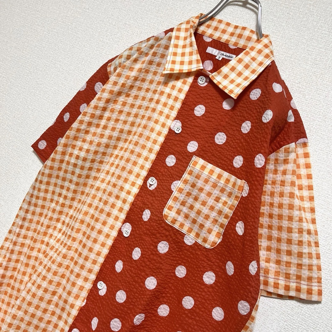 Charee Braver 柄シャツ 半袖 ドット&チェック柄 オレンジ系 メンズのトップス(シャツ)の商品写真