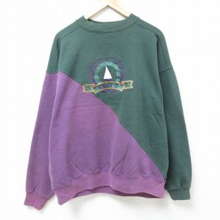 XL★古着 長袖 スウェット メンズ 90年代 90s マウイ 刺繍 ツートンカラー 大きいサイズ クルーネック USA製 濃緑他 グリーン 【spe】 24may18 中古 スエット トレーナー トップス(パーカー)