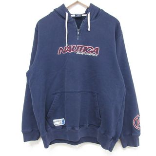 ノーティカ(NAUTICA)のL★古着 ノーティカ NAUTICA 長袖 ブランド ハーフジップ スウェット パーカー メンズ ビッグロゴ 濃紺 ネイビー 24may18 中古 スエット トレーナー トップス(パーカー)