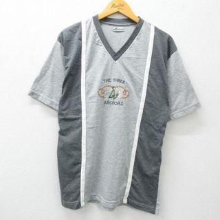 XL★古着 半袖 ビンテージ Tシャツ メンズ 00年代 00s イカリ 刺繍 Vネック グレー 霜降り他 24may18 中古(Tシャツ/カットソー(半袖/袖なし))