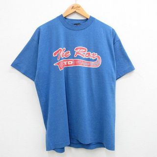 フルーツオブザルーム(FRUIT OF THE LOOM)のXL★古着 フルーツオブザルーム 半袖 ビンテージ Tシャツ メンズ 90年代 90s The Rox 大きいサイズ クルーネック USA製 紺 ネイビー 24may18 中古(Tシャツ/カットソー(半袖/袖なし))