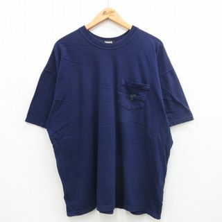 XL★古着 半袖 ビンテージ Tシャツ メンズ 90年代 90s 胸ポケット付き 大きいサイズ コットン クルーネック USA製 紺 ネイビー 24may18 中古(Tシャツ/カットソー(半袖/袖なし))