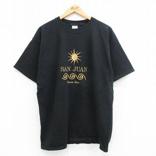 XL★古着 半袖 ビンテージ Tシャツ メンズ 00年代 00s 太陽 SAN JUAN 刺繍 大きいサイズ コットン クルーネック 黒 ブラック 24may18 中古(Tシャツ/カットソー(半袖/袖なし))