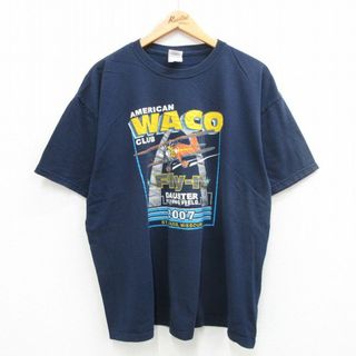 XL★古着 半袖 ビンテージ Tシャツ メンズ 00年代 00s 飛行機 セントルイス 大きいサイズ コットン クルーネック 紺 ネイビー 24may18 中古(Tシャツ/カットソー(半袖/袖なし))