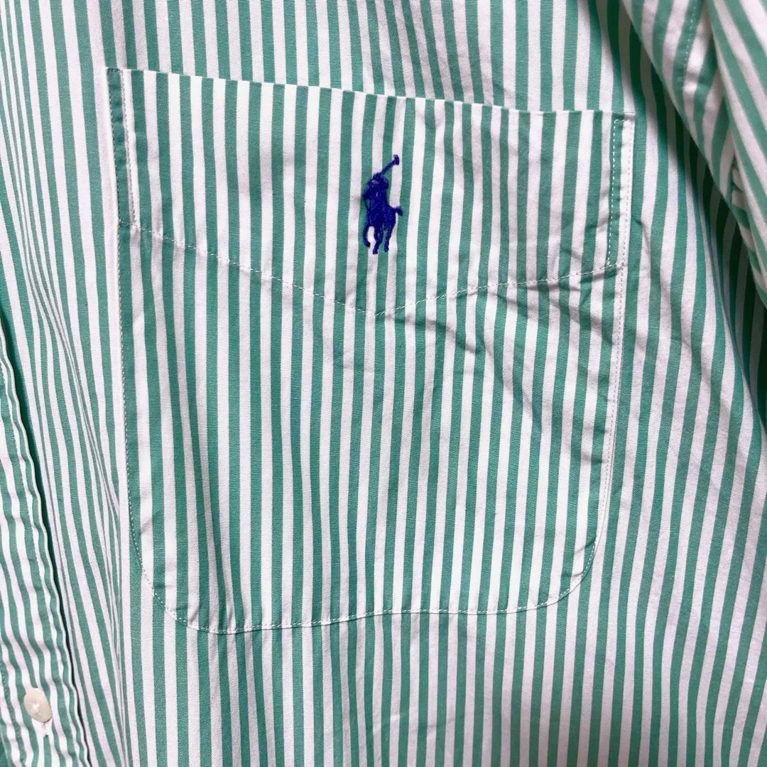 Ralph Lauren(ラルフローレン)のラルフローレン BDシャツ 長袖 グリーンストライプ 紫ポニー刺繍 胸ポケット メンズのトップス(シャツ)の商品写真