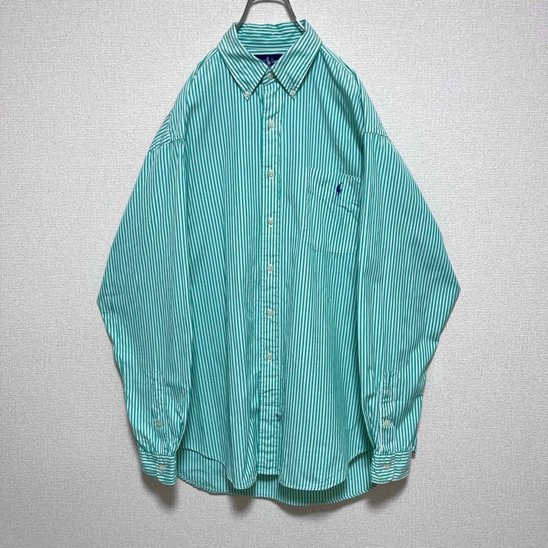 Ralph Lauren(ラルフローレン)のラルフローレン BDシャツ 長袖 グリーンストライプ 紫ポニー刺繍 胸ポケット メンズのトップス(シャツ)の商品写真