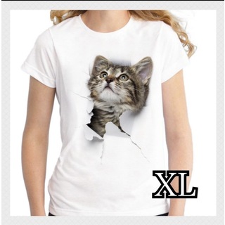 【再入荷】大人気 可愛い 猫 ねこ Tシャツ ユニセックス ホワイト XL(Tシャツ(半袖/袖なし))