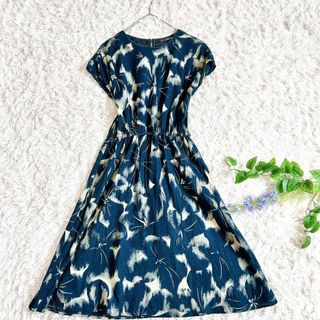 パラスパレス⁂ロングワンピース　リネン風　花柄　総柄　インディゴ　藍染　M〜L(ロングワンピース/マキシワンピース)