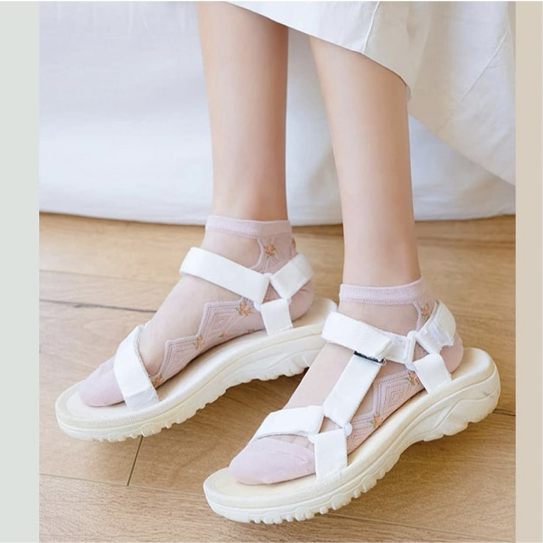 靴下 ショートソックス フラワー シアー シースルー くすみ 5足セット 韓国 レディースのレッグウェア(ソックス)の商品写真