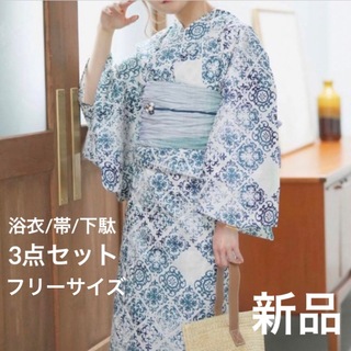 ウタタネ(utatane)の浴衣3点セット フリーサイズ　utatane ニコアンティーク　ブルー系(浴衣)