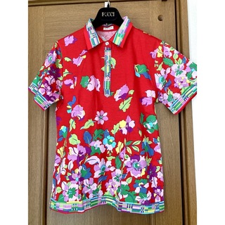 新品未使用　良質コットン　襟付き花柄シャツ　赤L 韓国製(シャツ/ブラウス(半袖/袖なし))